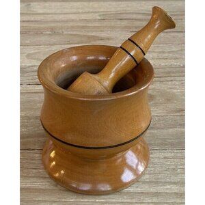 Vintage Turned Wooden Footed Mortar Pestle Garlic Herb Spices Crusher 4.5"H